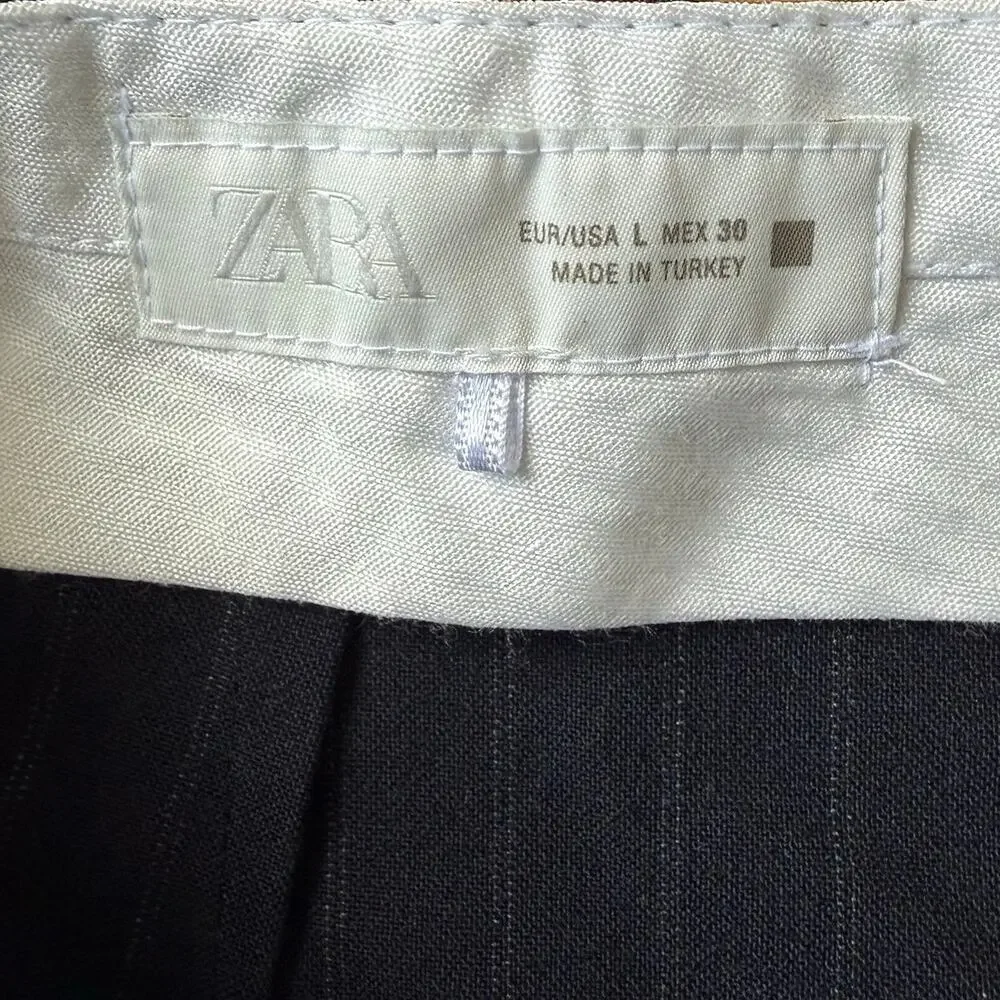 Zara Navy Blue Pinstripe Pleated Wide Leg Trouser Pants Sz L Classic Preppy Chic